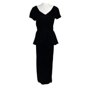 Vintage 80s Lady black velvet long sleeve peplum dress Side Slit Size 12